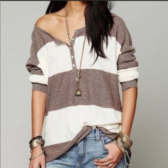 Free People Brown & Cream Striped Gold Rush Henley - Picture 1 of 8